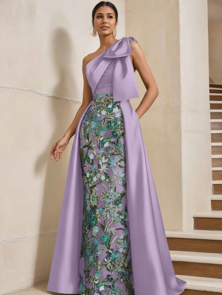 Sheath/Column One-Shoulder Satin Mother of the Bride Dresses with Overskirt Sleeveless Floor-Length Bow