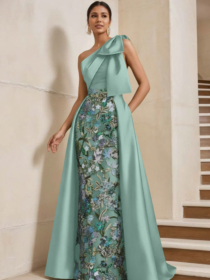 Sheath/Column One-Shoulder Satin Mother of the Bride Dresses with Overskirt Sleeveless Floor-Length Bow