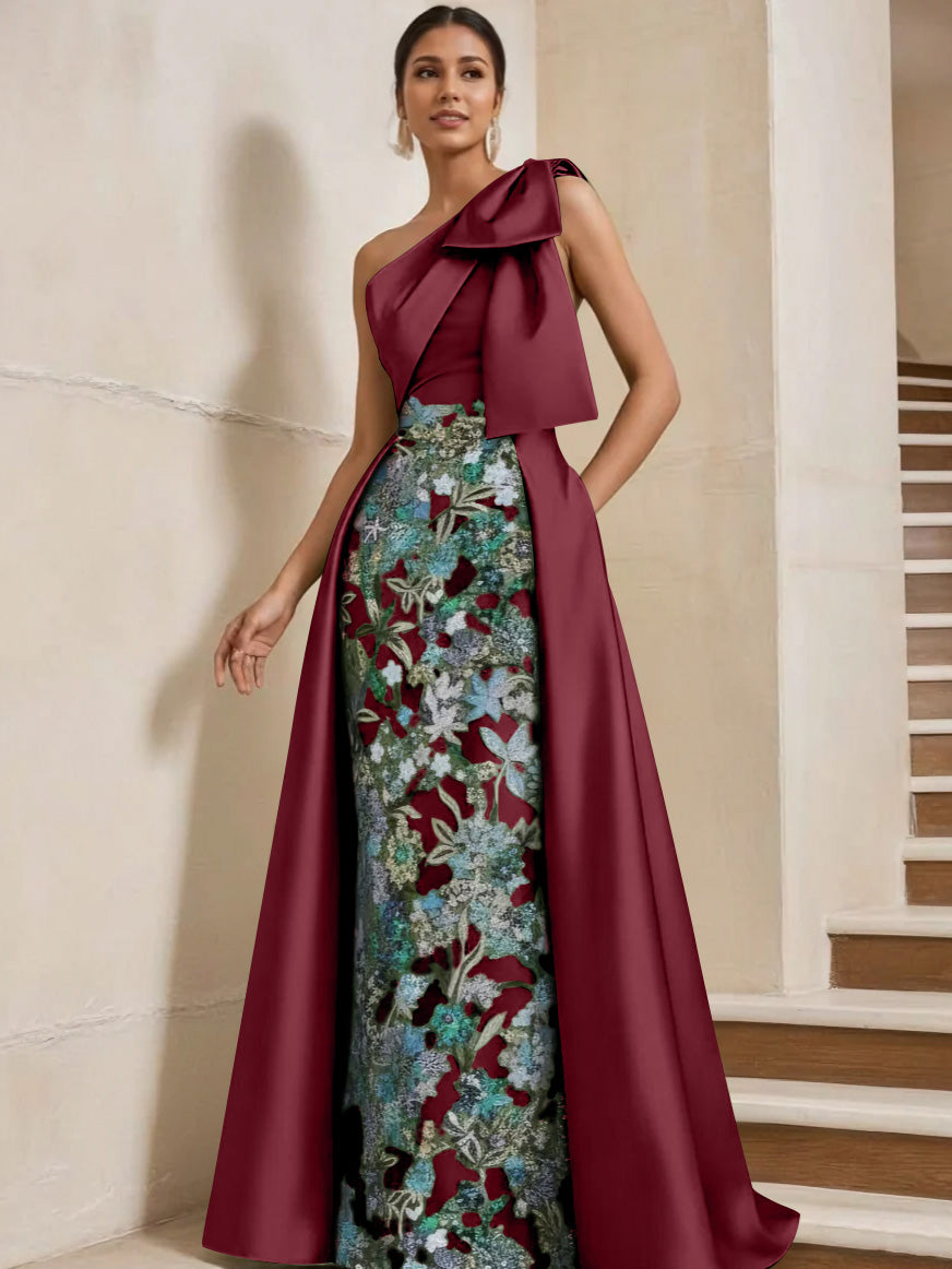 Sheath/Column One-Shoulder Satin Mother of the Bride Dresses with Overskirt Sleeveless Floral Floor-Length Bow
