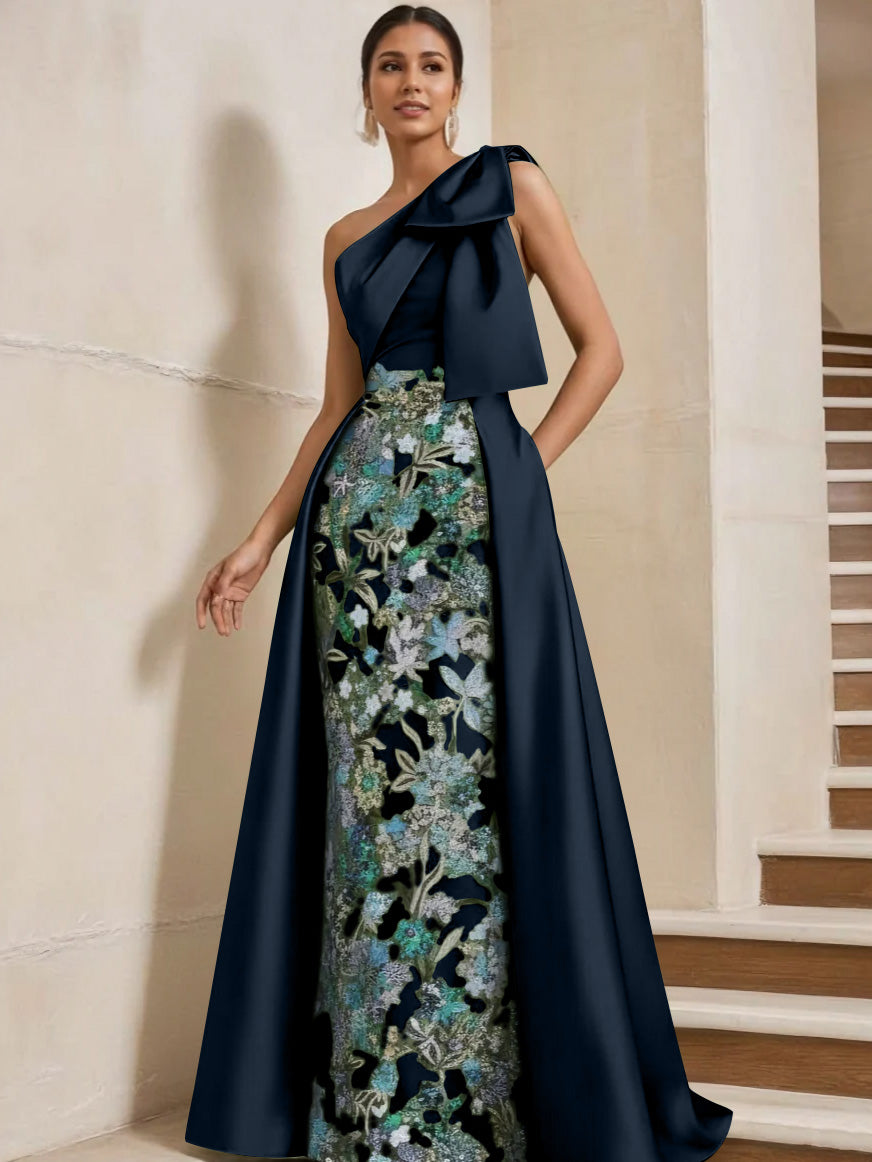 Sheath/Column One-Shoulder Satin Mother of the Bride Dresses with Overskirt Sleeveless Floral Floor-Length Bow