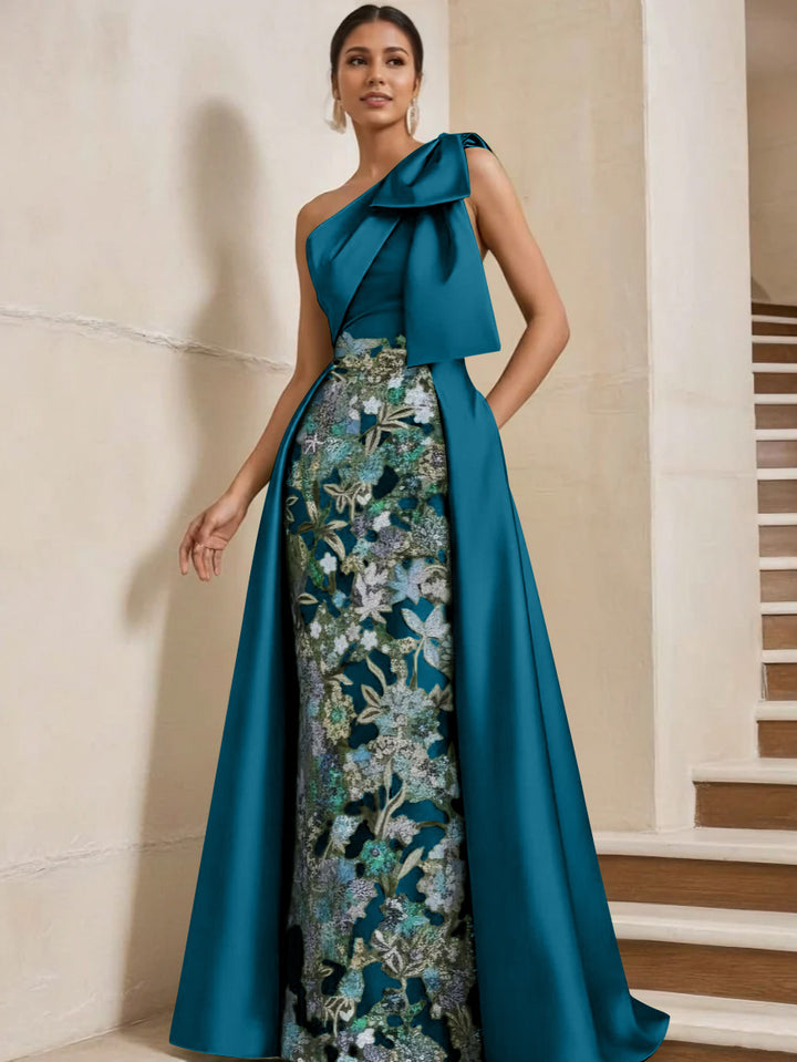Sheath/Column One-Shoulder Satin Mother of the Bride Dresses with Overskirt Sleeveless Floor-Length Bow