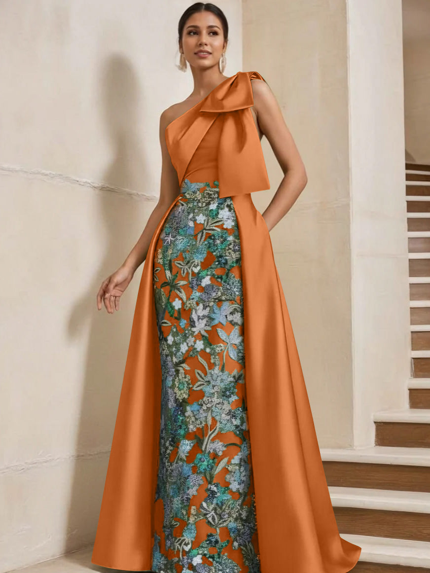 Sheath/Column One-Shoulder Satin Mother of the Bride Dresses with Overskirt Sleeveless Floor-Length Bow