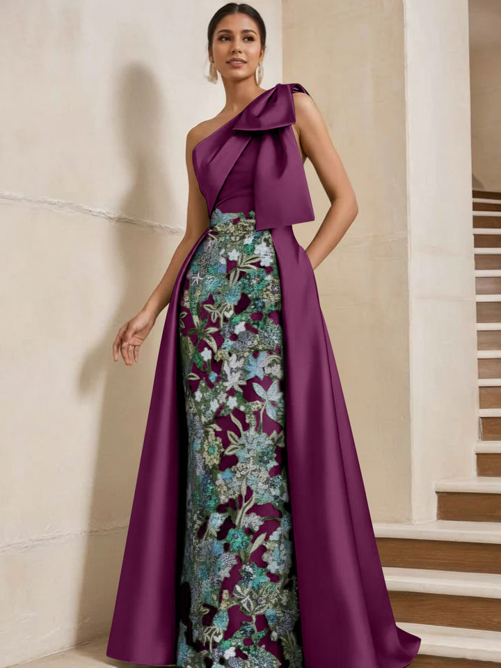 Sheath/Column One-Shoulder Satin Mother of the Bride Dresses with Overskirt Sleeveless Floor-Length Bow