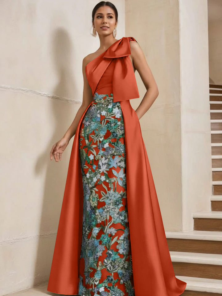 Sheath/Column One-Shoulder Satin Mother of the Bride Dresses with Overskirt Sleeveless Floor-Length Bow