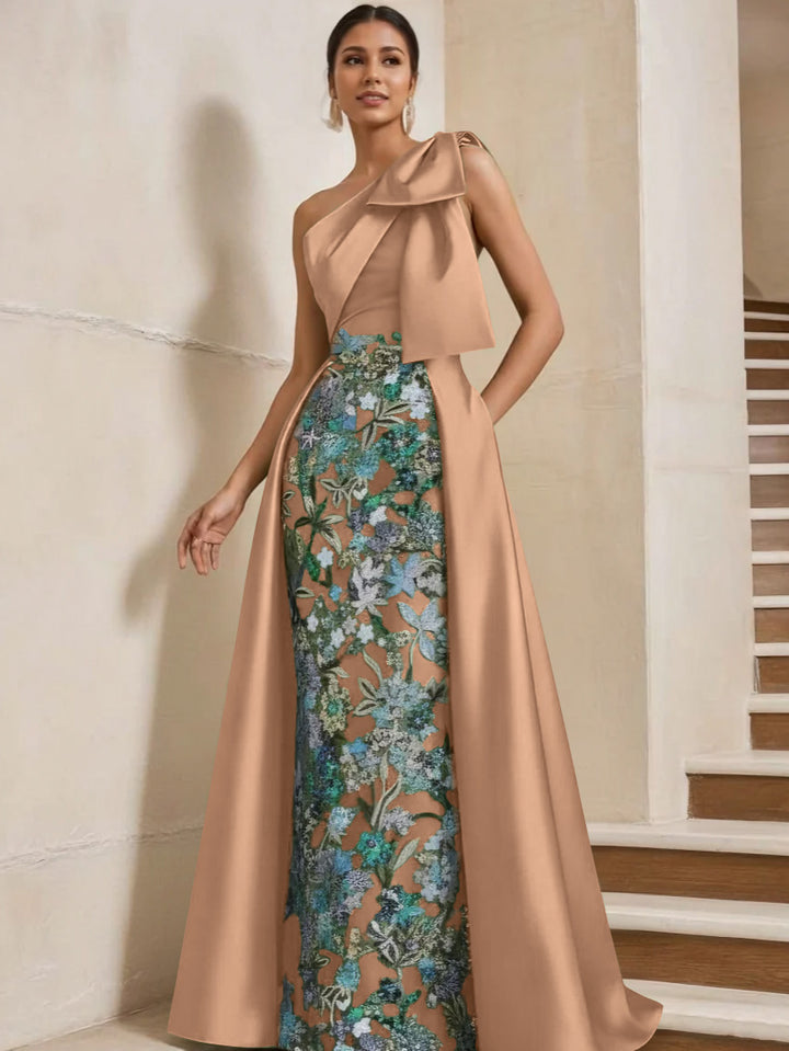 Sheath/Column One-Shoulder Satin Mother of the Bride Dresses with Overskirt Sleeveless Floor-Length Bow