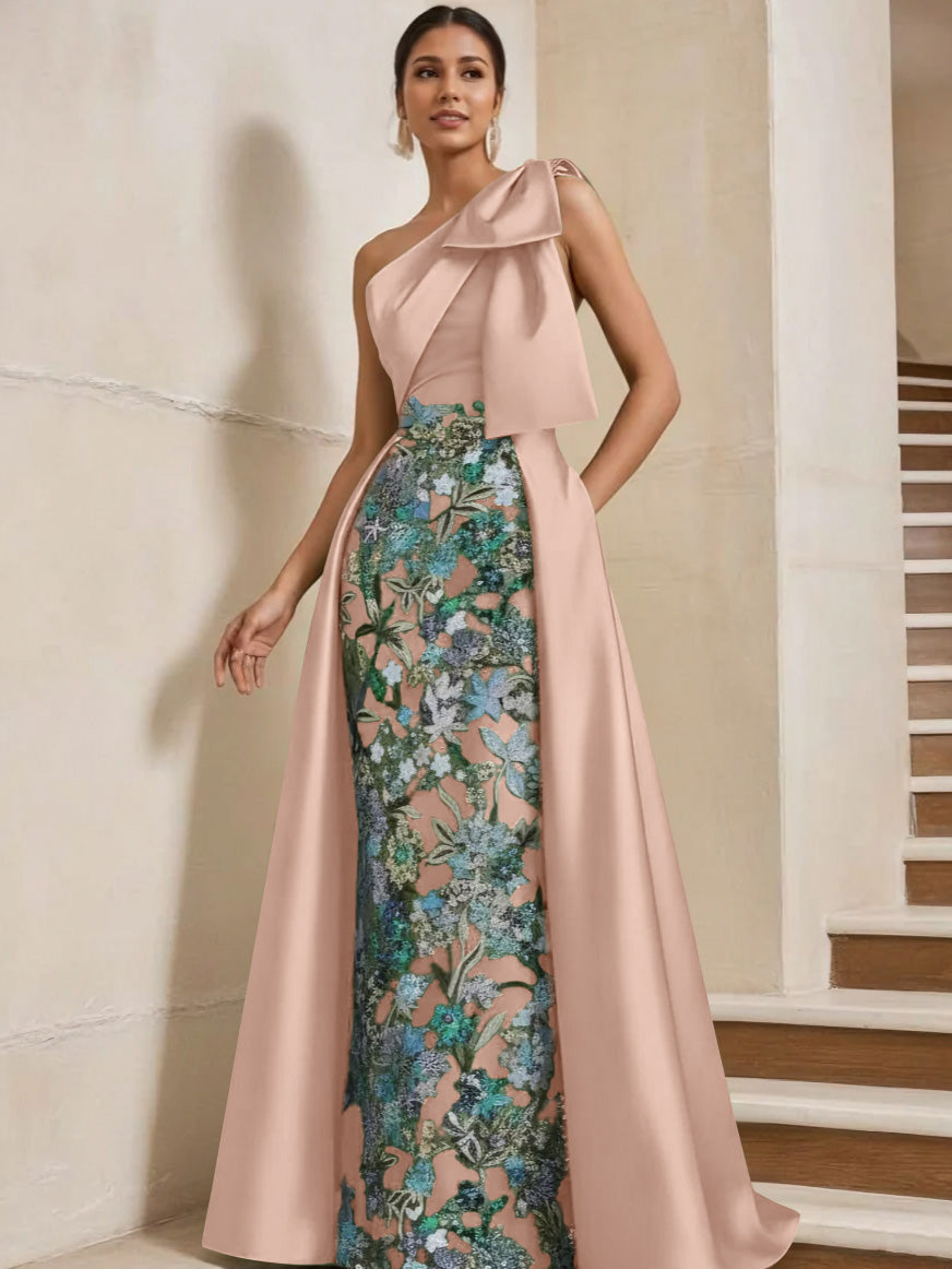 Sheath/Column One-Shoulder Satin Mother of the Bride Dresses with Overskirt Sleeveless Floor-Length Bow