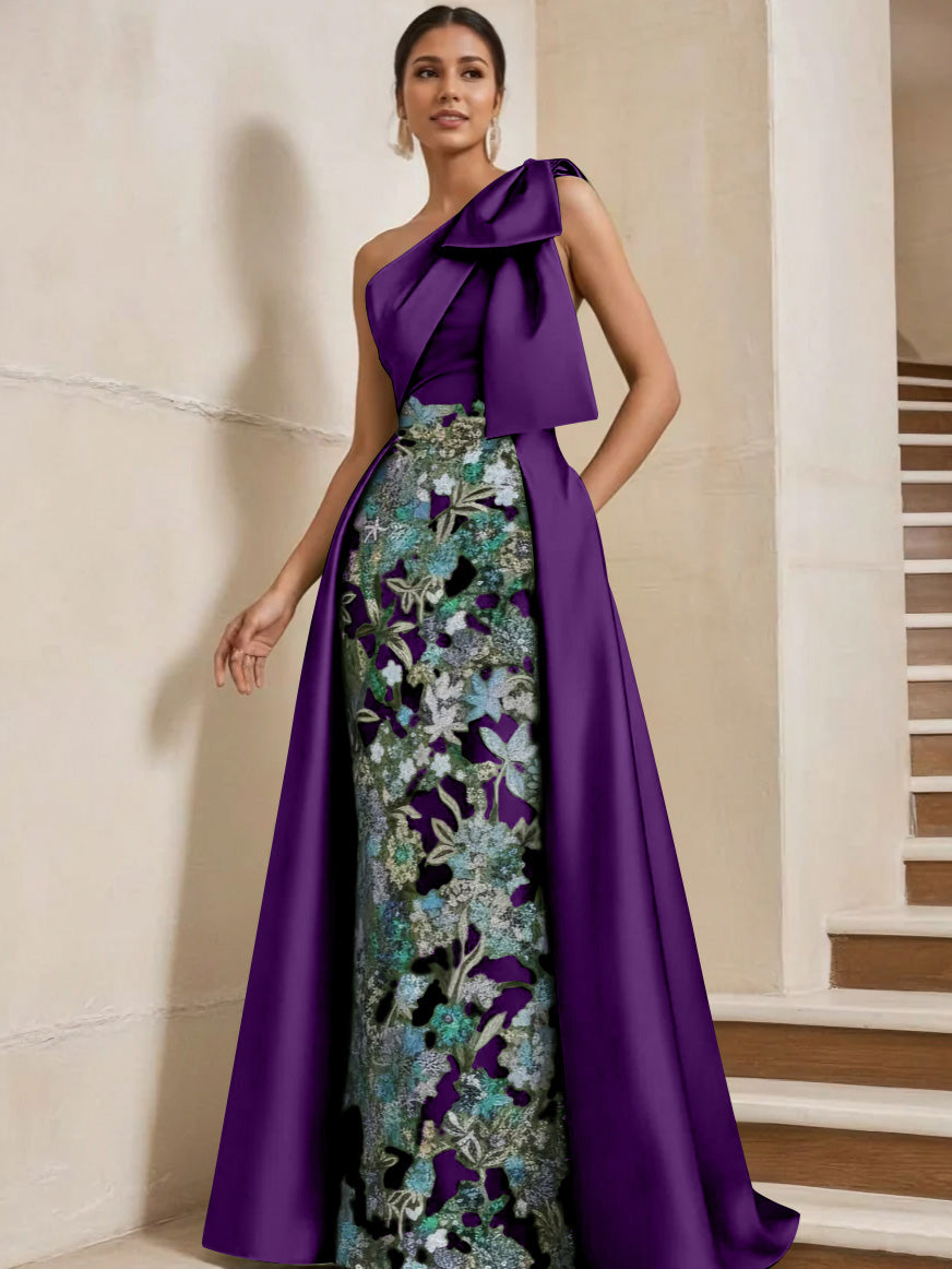 Sheath/Column One-Shoulder Satin Mother of the Bride Dresses with Overskirt Sleeveless Floral Floor-Length Bow