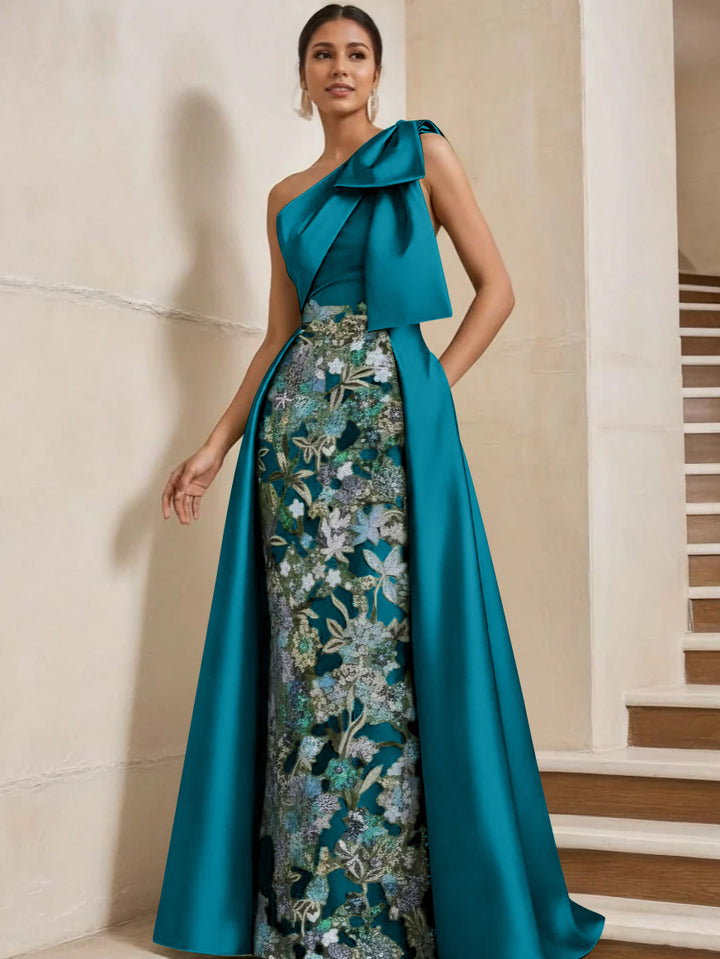 Sheath/Column One-Shoulder Satin Mother of the Bride Dresses with Overskirt Sleeveless Floor-Length Bow