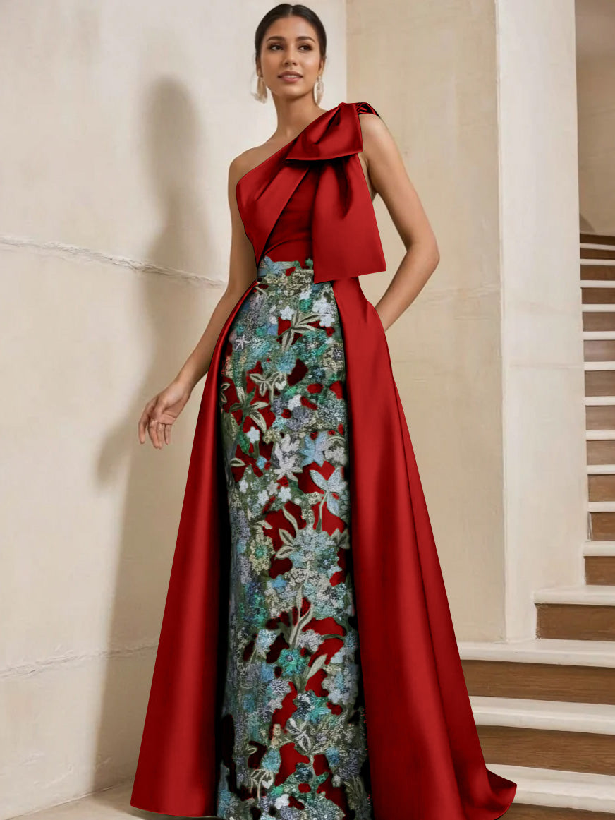 Sheath/Column One-Shoulder Satin Mother of the Bride Dresses with Overskirt Sleeveless Floor-Length Bow