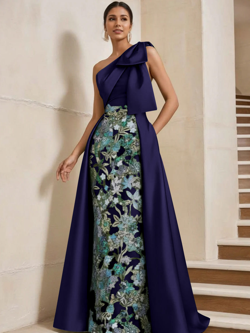 Sheath/Column One-Shoulder Satin Mother of the Bride Dresses with Overskirt Sleeveless Floral Floor-Length Bow