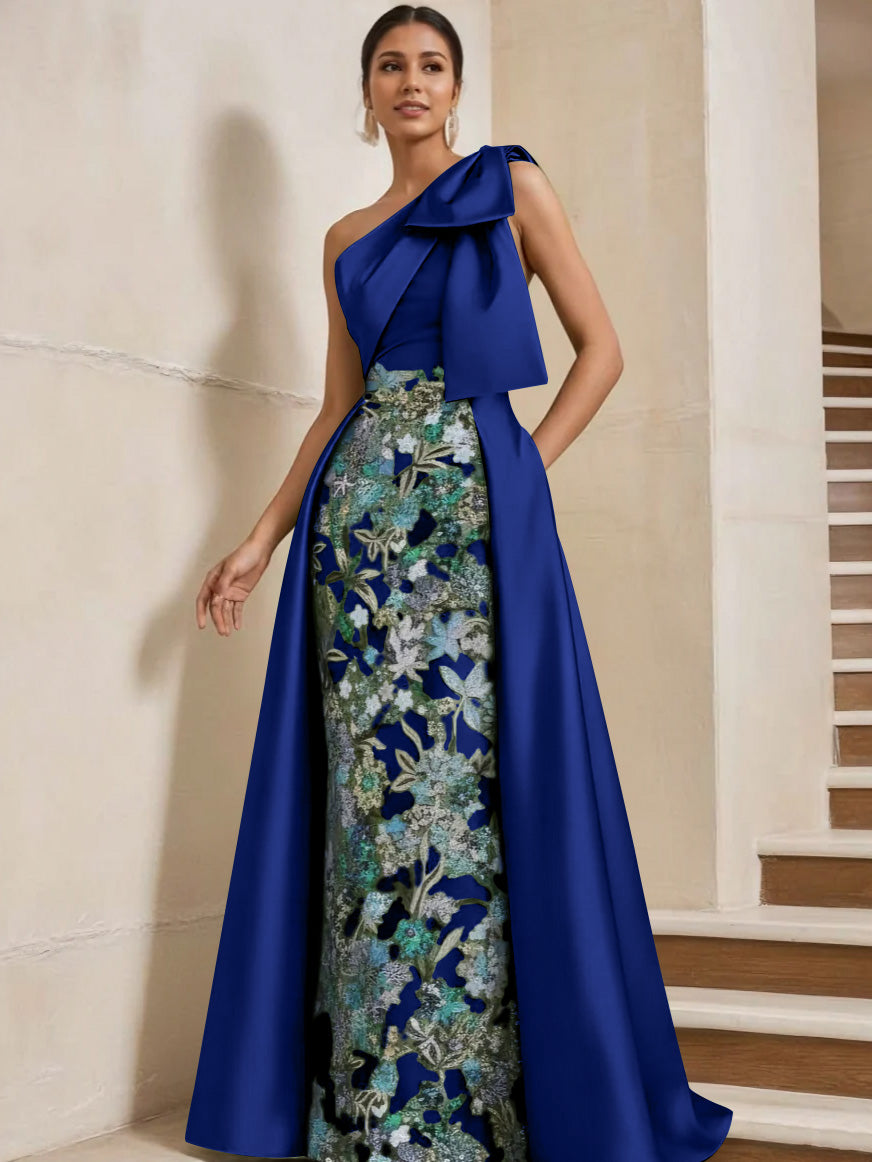 Sheath/Column One-Shoulder Satin Mother of the Bride Dresses with Overskirt Sleeveless Floral Floor-Length Bow