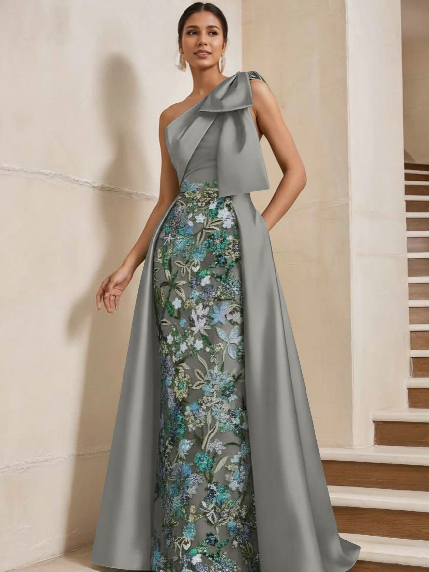 Sheath/Column One-Shoulder Satin Mother of the Bride Dresses with Overskirt Sleeveless Floral Floor-Length Bow