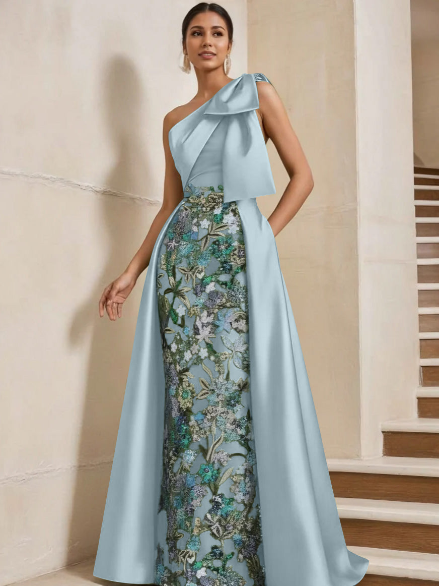 Sheath/Column One-Shoulder Satin Mother of the Bride Dresses with Overskirt Sleeveless Floor-Length Bow