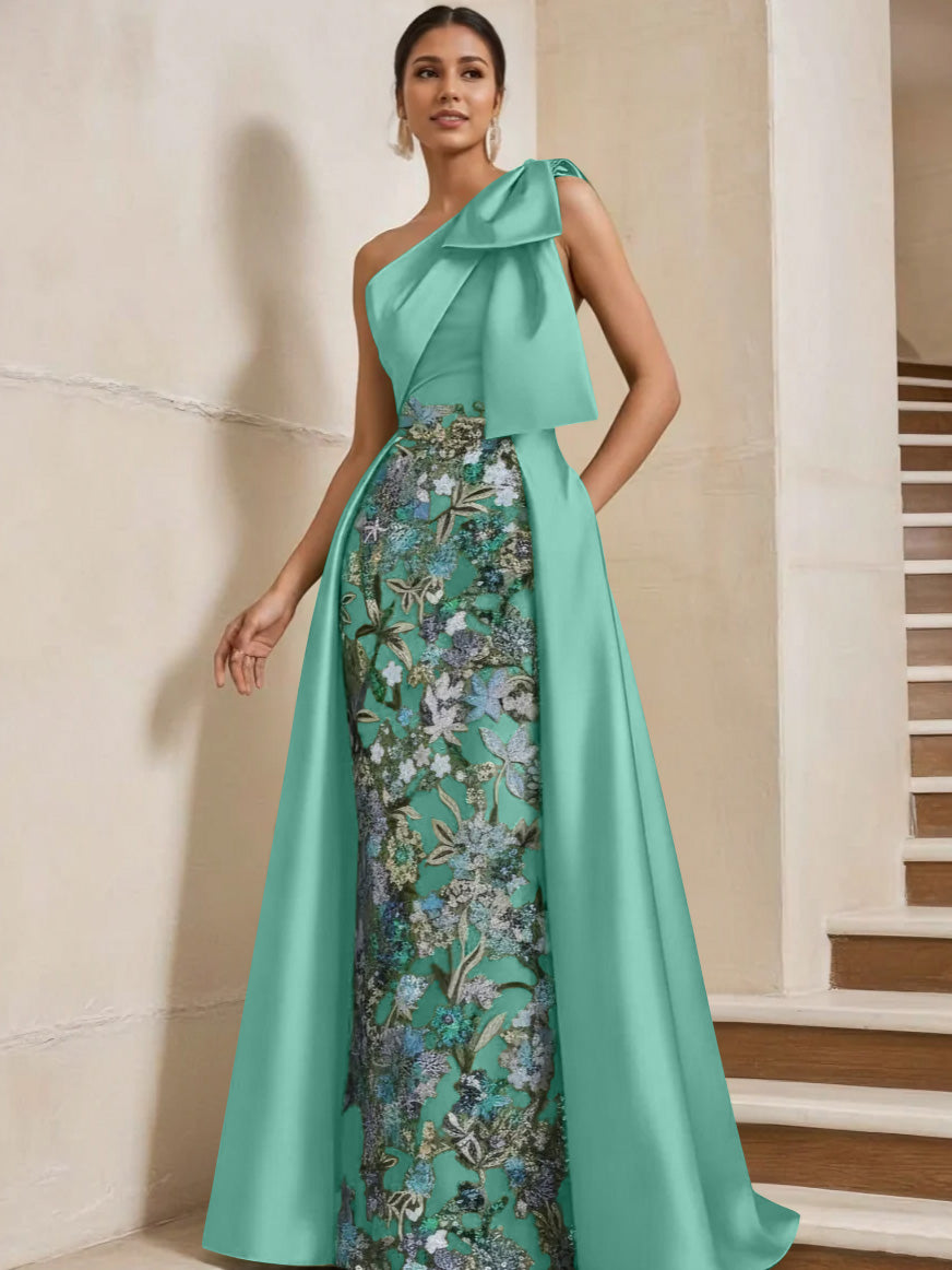 Sheath/Column One-Shoulder Satin Mother of the Bride Dresses with Overskirt Sleeveless Floor-Length Bow