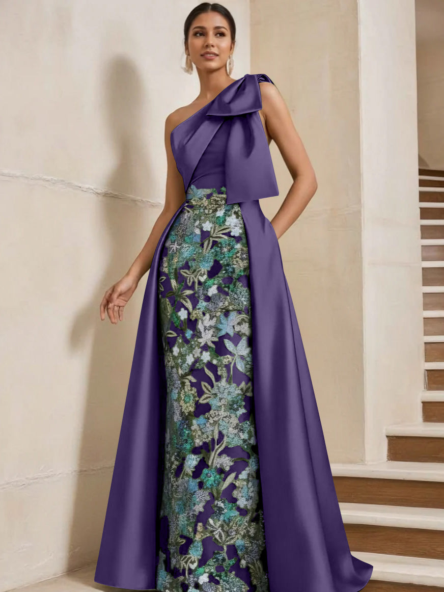 Sheath/Column One-Shoulder Satin Mother of the Bride Dresses with Overskirt Sleeveless Floor-Length Bow