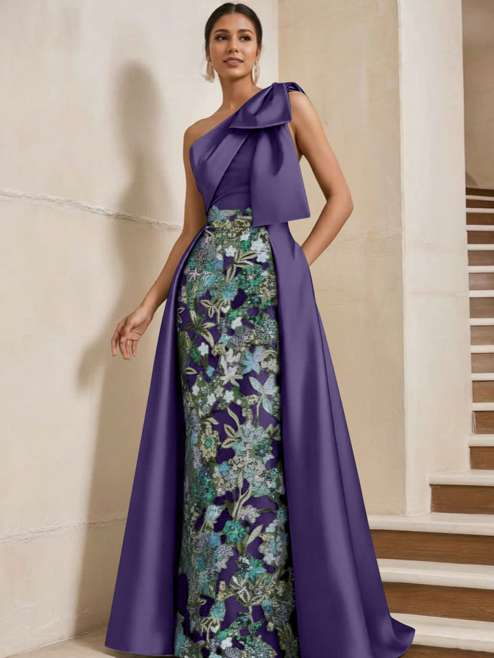 Sheath/Column One-Shoulder Satin Mother of the Bride Dresses with Overskirt Sleeveless Floor-Length Bow