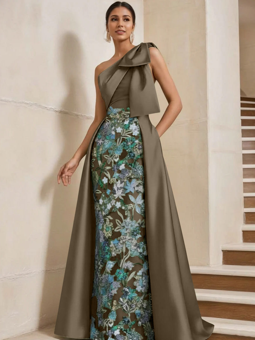 Sheath/Column One-Shoulder Satin Mother of the Bride Dresses with Overskirt Sleeveless Floor-Length Bow