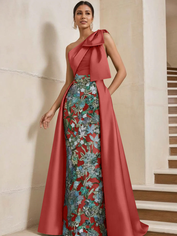 Sheath/Column One-Shoulder Satin Mother of the Bride Dresses with Overskirt Sleeveless Floor-Length Bow