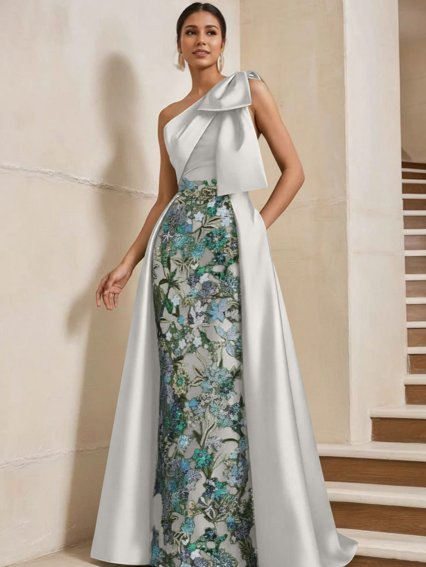 Sheath/Column One-Shoulder Satin Mother of the Bride Dresses with Overskirt Sleeveless Floor-Length Bow