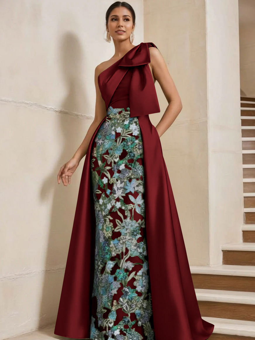 Sheath/Column One-Shoulder Satin Mother of the Bride Dresses with Overskirt Sleeveless Floor-Length Bow