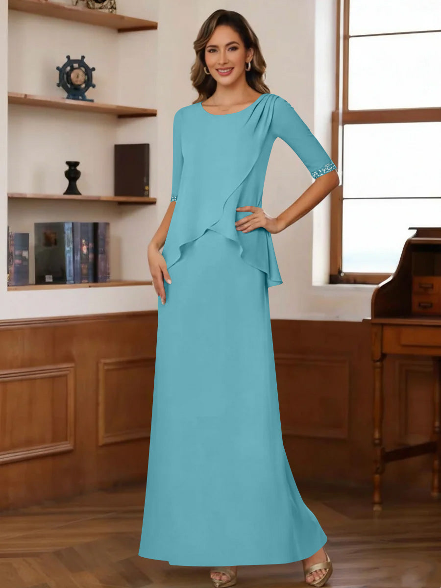 Sheath/Column Scoop Chiffon Mother of the Bride Dresses Ankle-Length Half Sleeves Sequins Ruched Spa