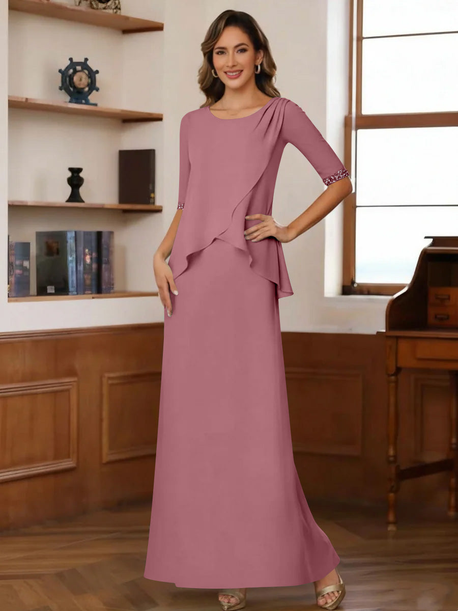 Sheath/Column Scoop Chiffon Mother of the Bride Dresses Ankle-Length Half Sleeves Sequins Ruched