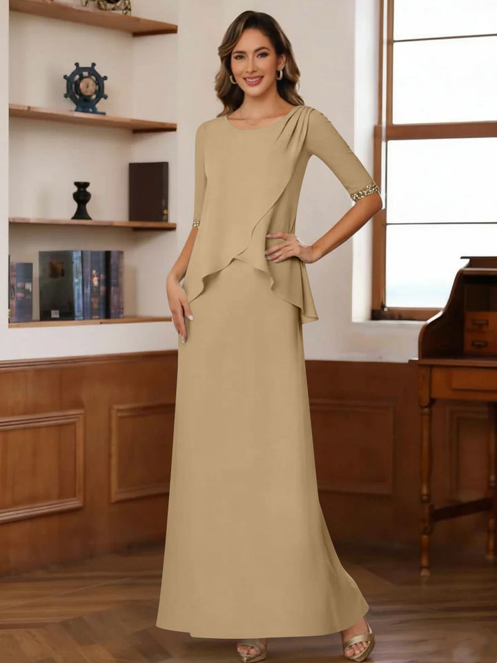 Sheath/Column Scoop Chiffon Mother of the Bride Dresses Ankle-Length Half Sleeves Sequins Ruched