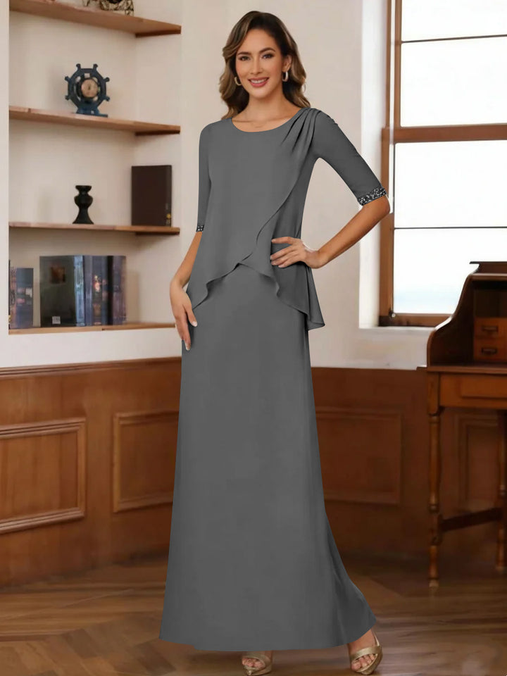 Sheath/Column Scoop Chiffon Mother of the Bride Dresses Ankle-Length Half Sleeves Sequins Ruched