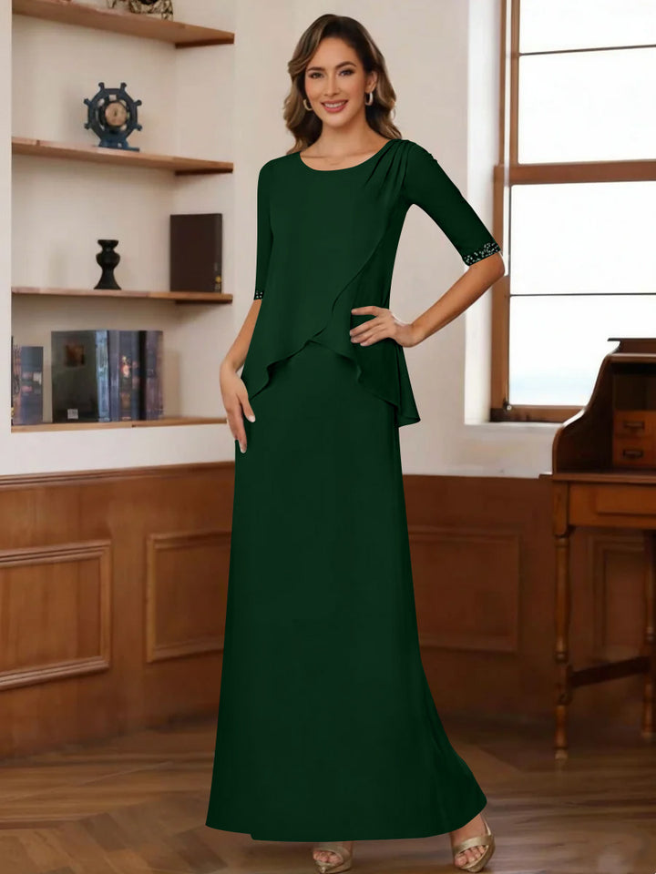 Sheath/Column Scoop Chiffon Mother of the Bride Dresses Ankle-Length Half Sleeves Sequins Ruched