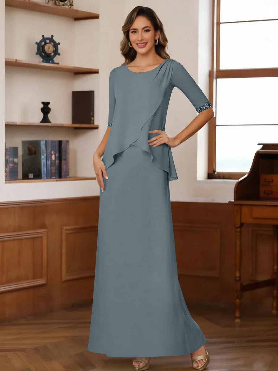 Sheath/Column Scoop Chiffon Mother of the Bride Dresses Ankle-Length Half Sleeves Sequins Ruched