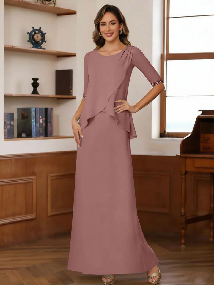 Sheath/Column Scoop Chiffon Mother of the Bride Dresses Ankle-Length Half Sleeves Sequins Ruched