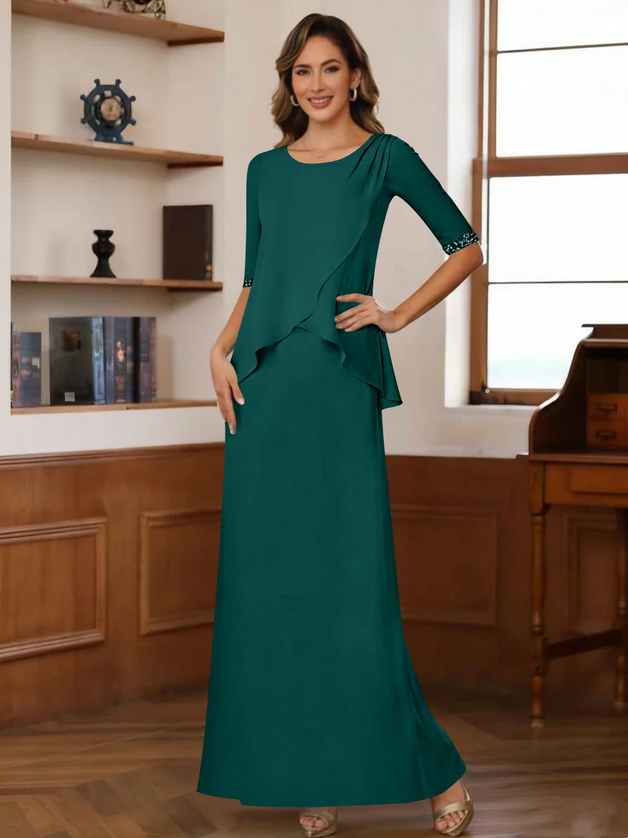 Sheath/Column Scoop Chiffon Mother of the Bride Dresses Ankle-Length Half Sleeves Sequins Ruched