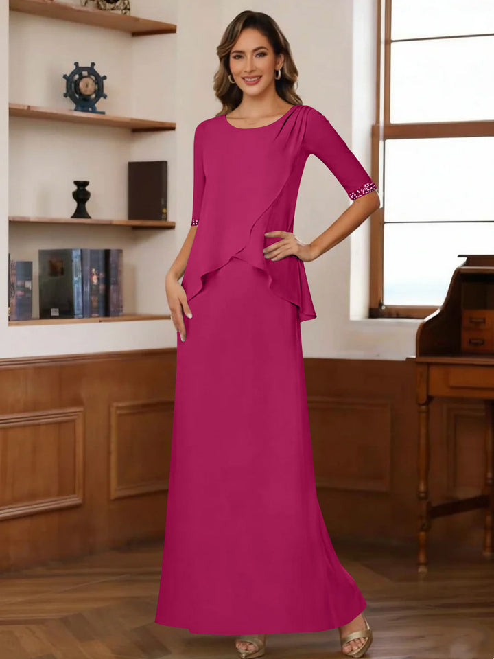 Sheath/Column Scoop Chiffon Mother of the Bride Dresses Ankle-Length Half Sleeves Sequins Ruched