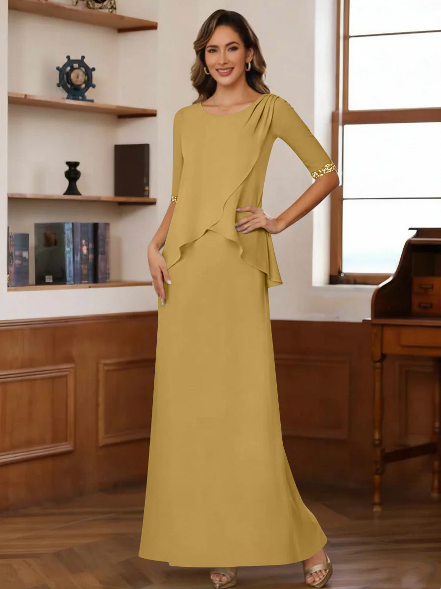 Sheath/Column Scoop Chiffon Mother of the Bride Dresses Ankle-Length Half Sleeves Sequins Ruched