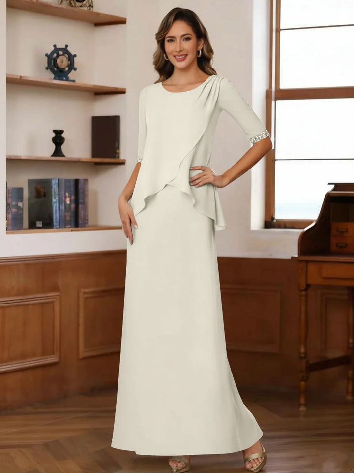 Sheath/Column Scoop Chiffon Mother of the Bride Dresses Ankle-Length Half Sleeves Sequins Ruched