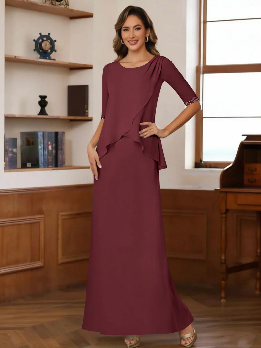 Sheath/Column Scoop Chiffon Mother of the Bride Dresses Ankle-Length Half Sleeves Sequins Ruched