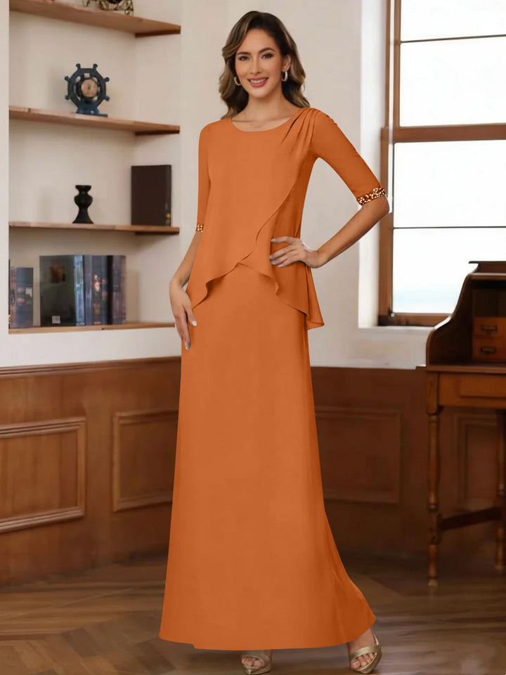 Sheath/Column Scoop Chiffon Mother of the Bride Dresses Ankle-Length Half Sleeves Sequins Ruched