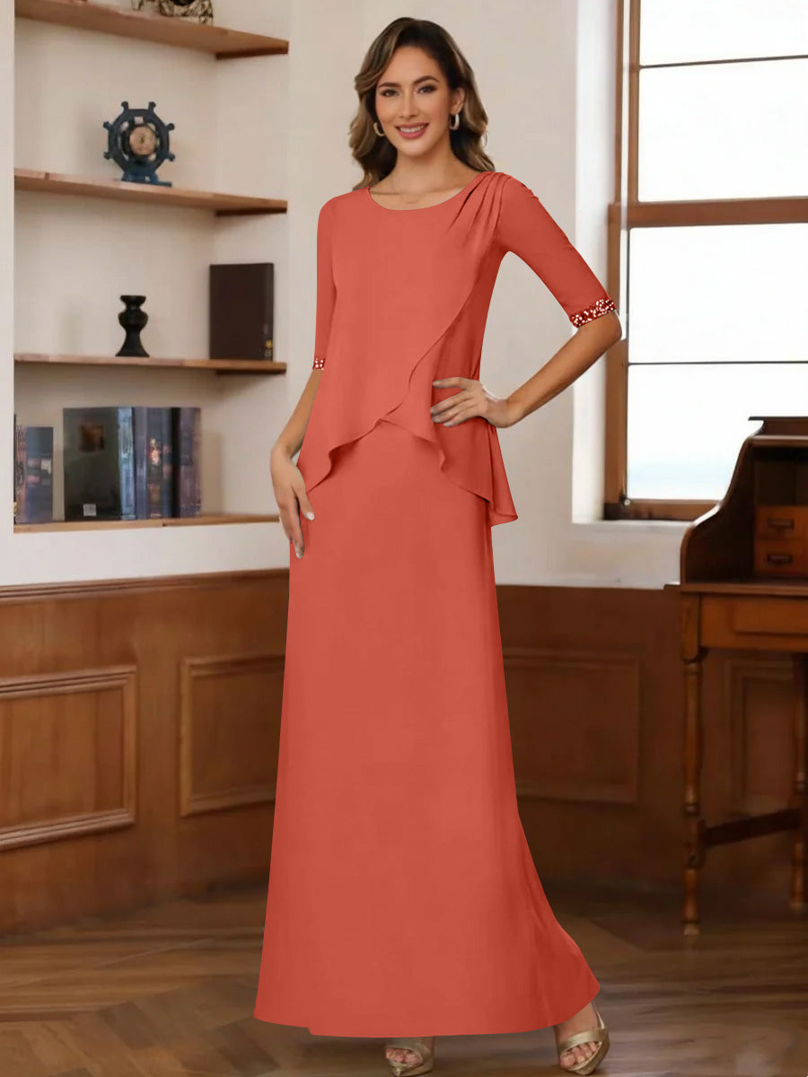 Sheath/Column Scoop Chiffon Mother of the Bride Dresses Ankle-Length Half Sleeves Sequins Ruched