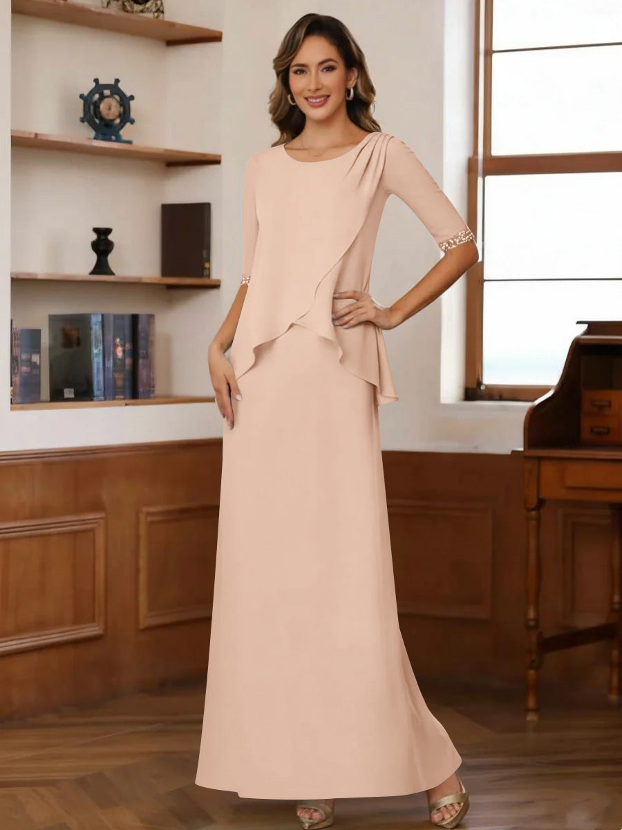 Sheath/Column Scoop Chiffon Mother of the Bride Dresses Ankle-Length Half Sleeves Sequins Ruched