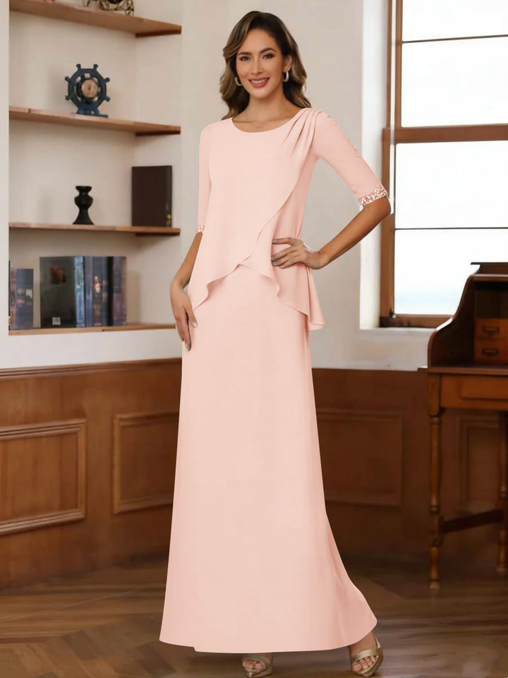 Sheath/Column Scoop Chiffon Mother of the Bride Dresses Ankle-Length Half Sleeves Sequins Ruched