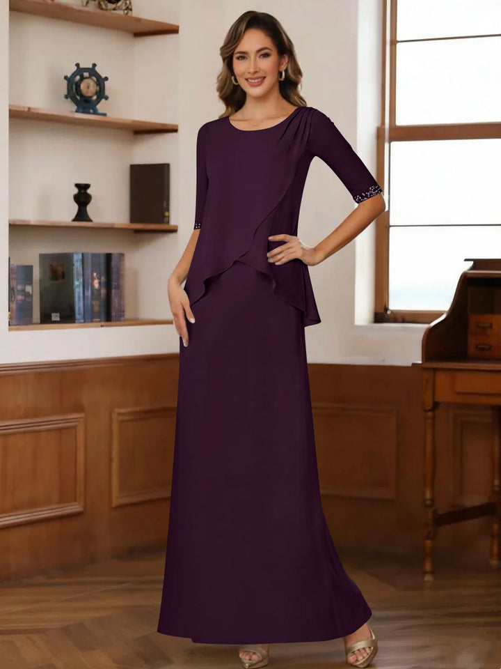 Sheath/Column Scoop Chiffon Mother of the Bride Dresses Ankle-Length Half Sleeves Sequins Ruched