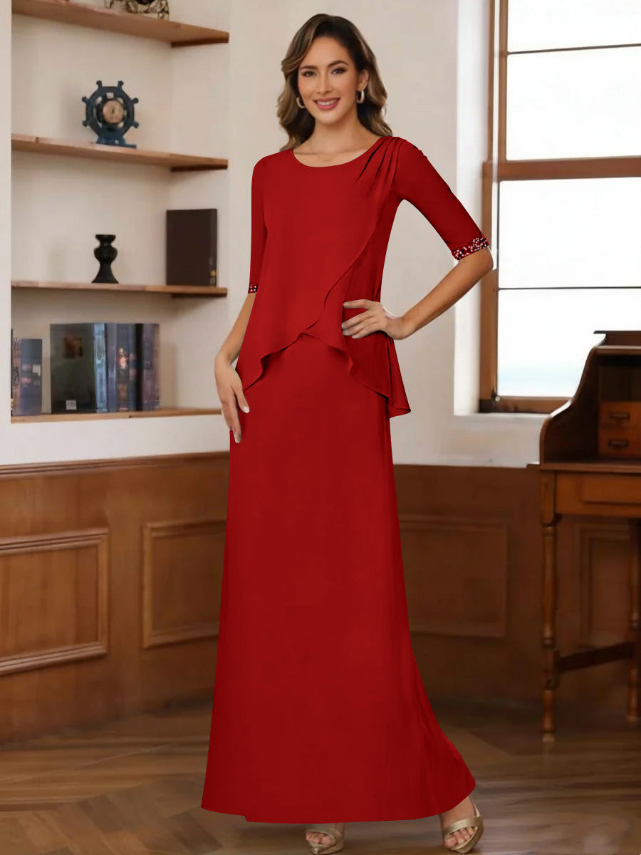 Sheath/Column Scoop Chiffon Mother of the Bride Dresses Ankle-Length Half Sleeves Sequins Ruched