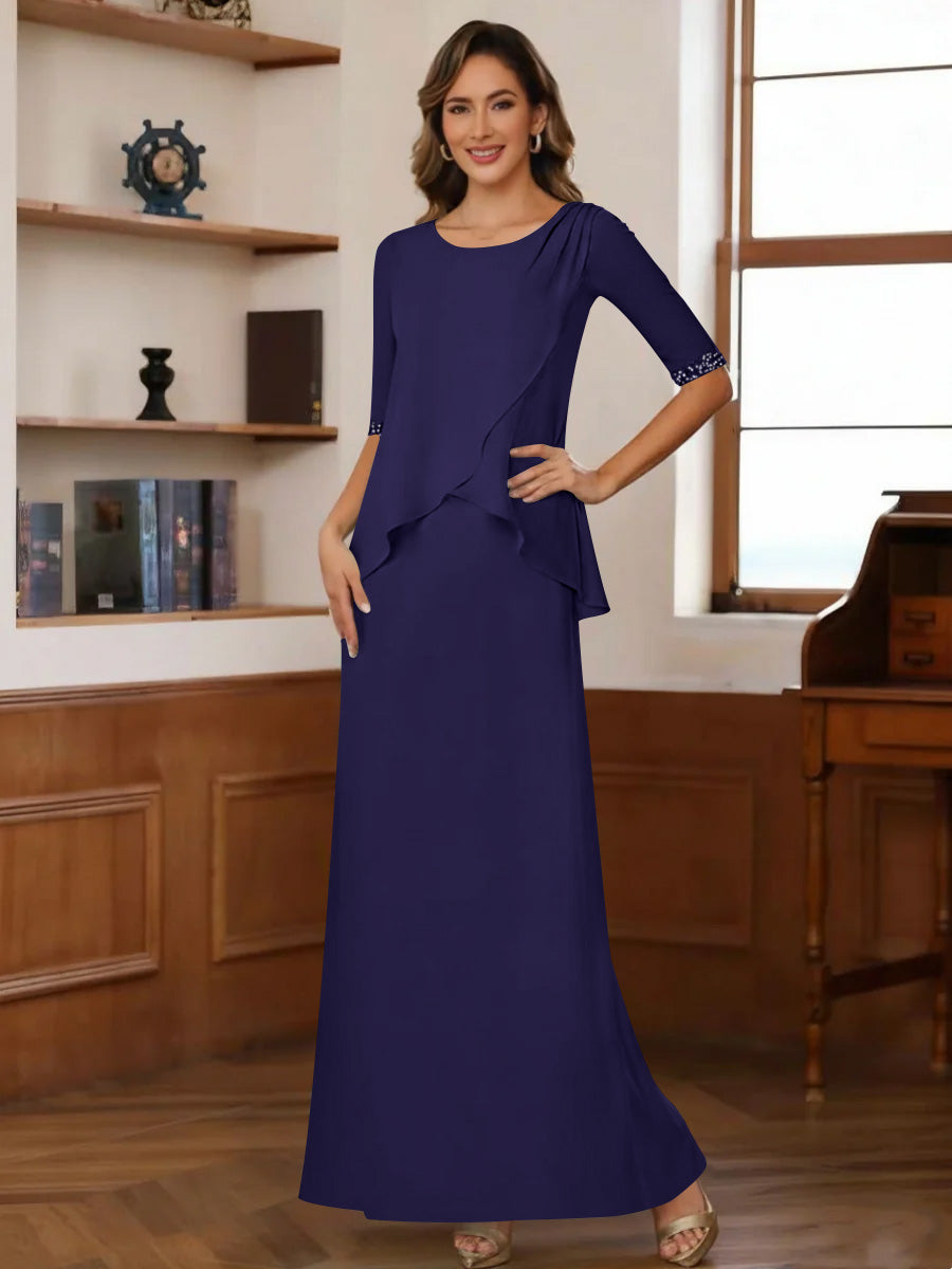 Sheath/Column Scoop Chiffon Mother of the Bride Dresses Ankle-Length Half Sleeves Sequins Ruched
