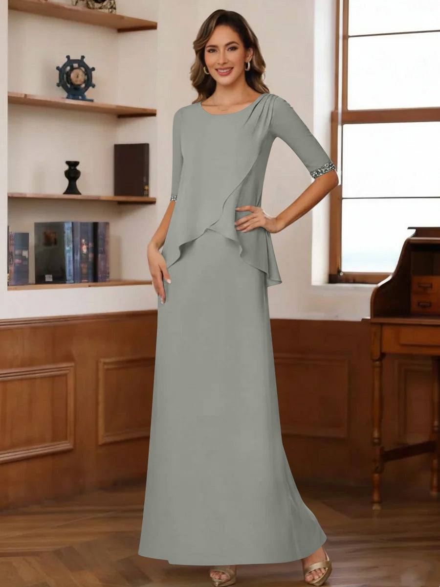 Sheath/Column Scoop Chiffon Mother of the Bride Dresses Ankle-Length Half Sleeves Sequins Ruched Pool