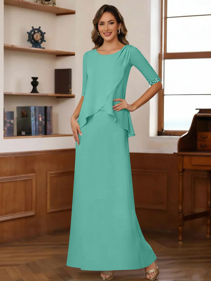 Sheath/Column Scoop Chiffon Mother of the Bride Dresses Ankle-Length Half Sleeves Sequins Ruched