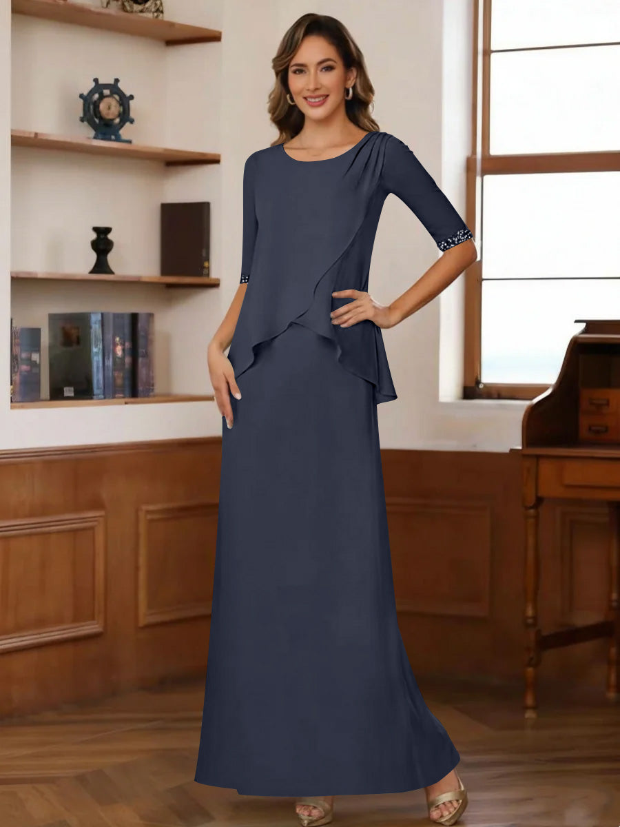 Sheath/Column Scoop Chiffon Mother of the Bride Dresses Ankle-Length Half Sleeves Sequins Ruched