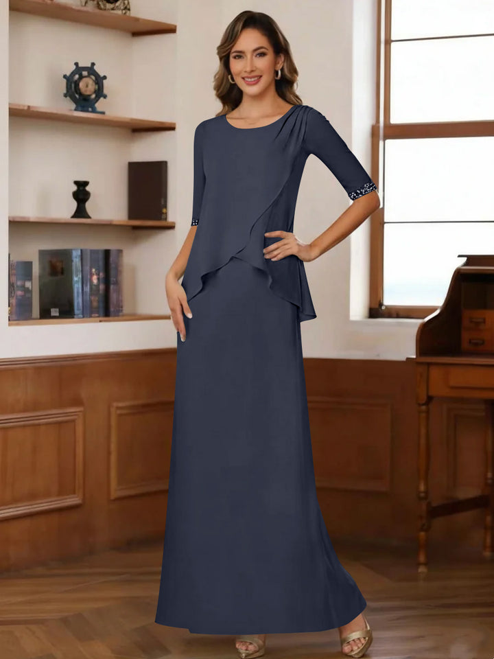 Sheath/Column Scoop Chiffon Mother of the Bride Dresses Ankle-Length Half Sleeves Sequins Ruched