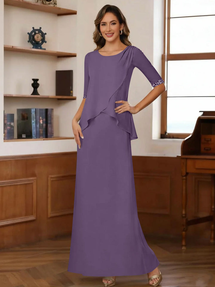 Sheath/Column Scoop Chiffon Mother of the Bride Dresses Ankle-Length Half Sleeves Sequins Ruched