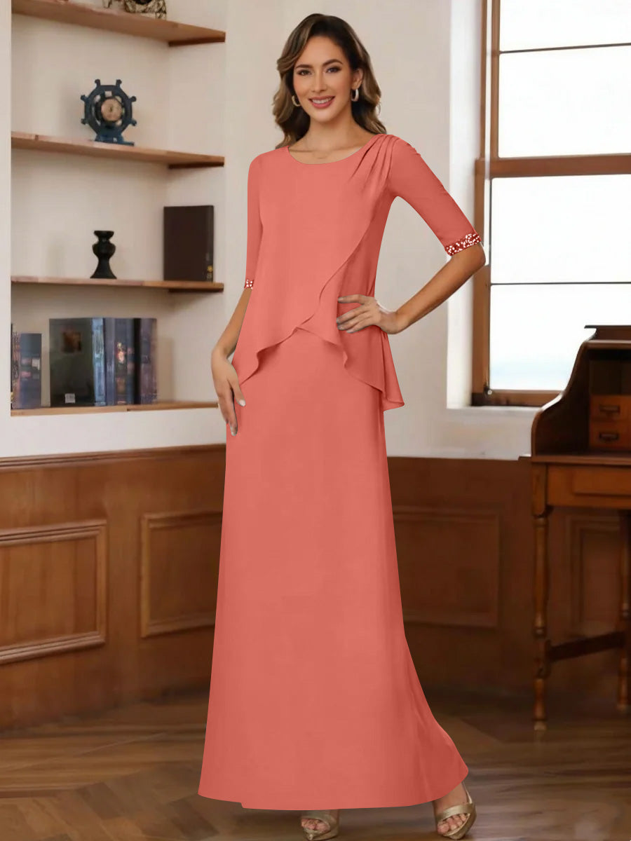 Sheath/Column Scoop Chiffon Mother of the Bride Dresses Ankle-Length Half Sleeves Sequins Ruched
