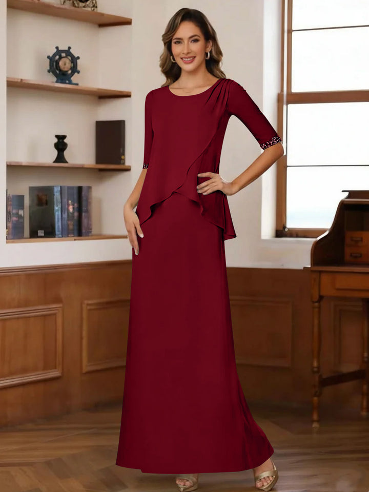 Sheath/Column Scoop Chiffon Mother of the Bride Dresses Ankle-Length Half Sleeves Sequins Ruched